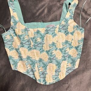 Elegant Floral Crop Top in Teal and Yellow